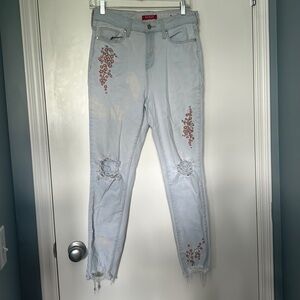 Guess Light-wash Embroidered Floral Detail Raw Hem Jeans